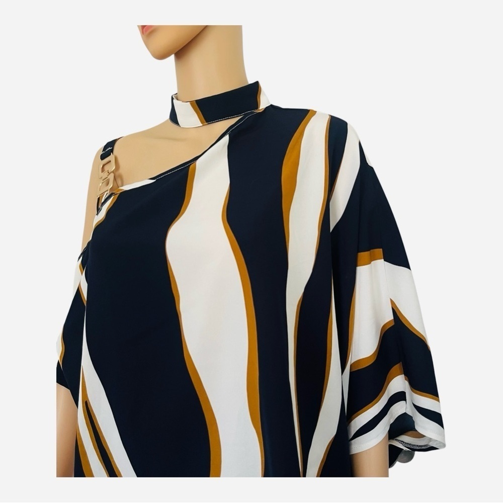 SHEIN asymmetrical neck batwing sleeve top shirt Lcolor block contemporary style - Picture 3 of 15